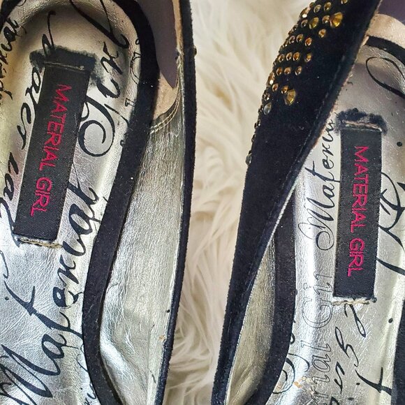 Material Girl Black Suede Gold Rhinestone Platform Heels SZ 10 - Picture 8 of 11